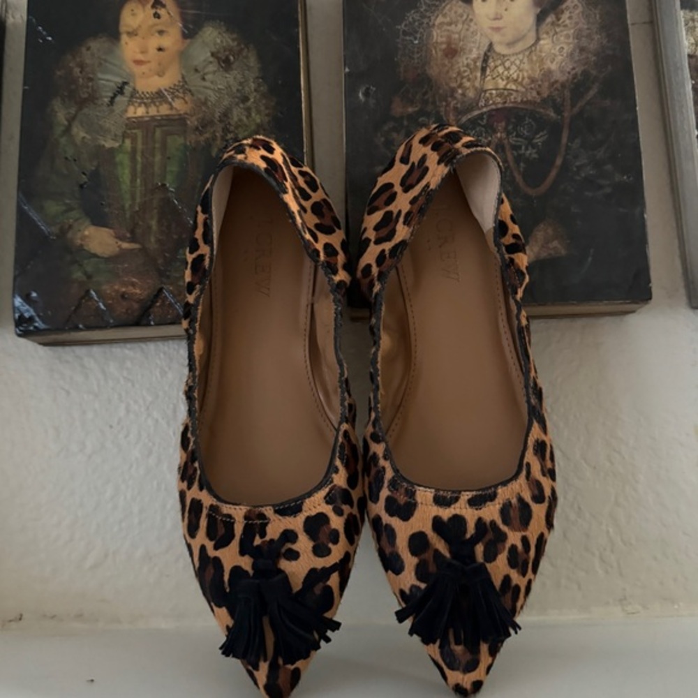 J. Crew‎ Leopard Calf Hair Ballet Flats Womens Tassel Shoes Size 6.5 NWOB